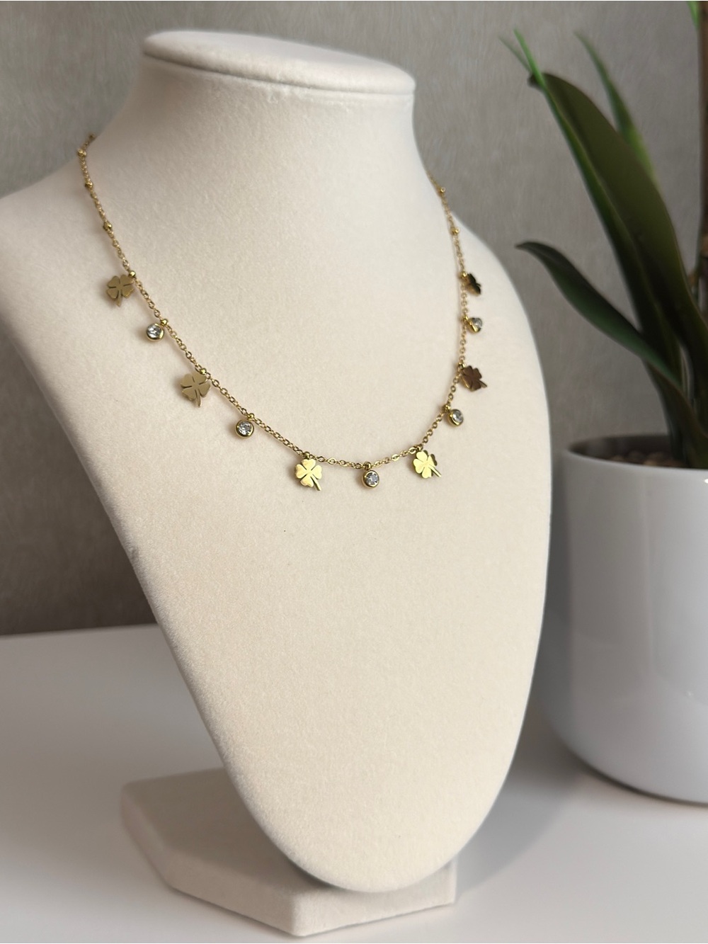 18K Gold Plated Four-Leaf Clover CZ Charm Choker Necklace